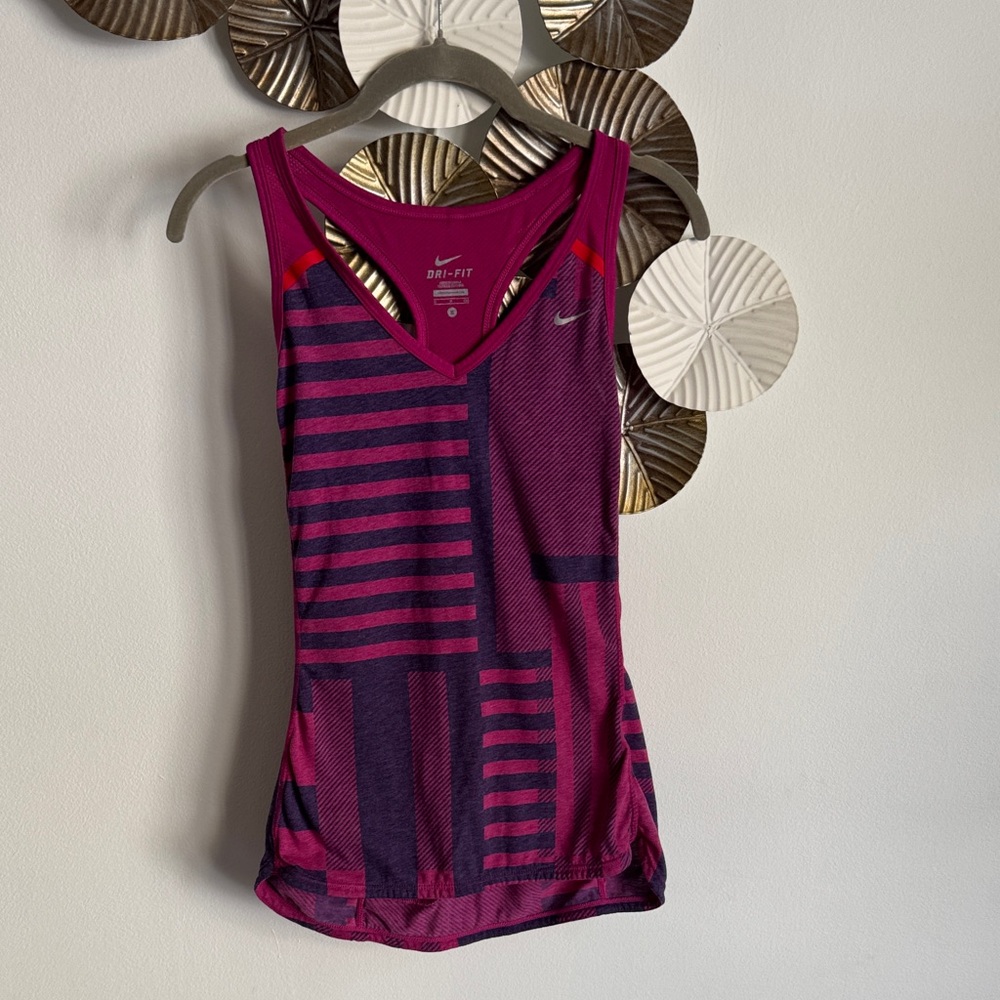 Nike Women's Striped Pink and Navy Tank Top size s